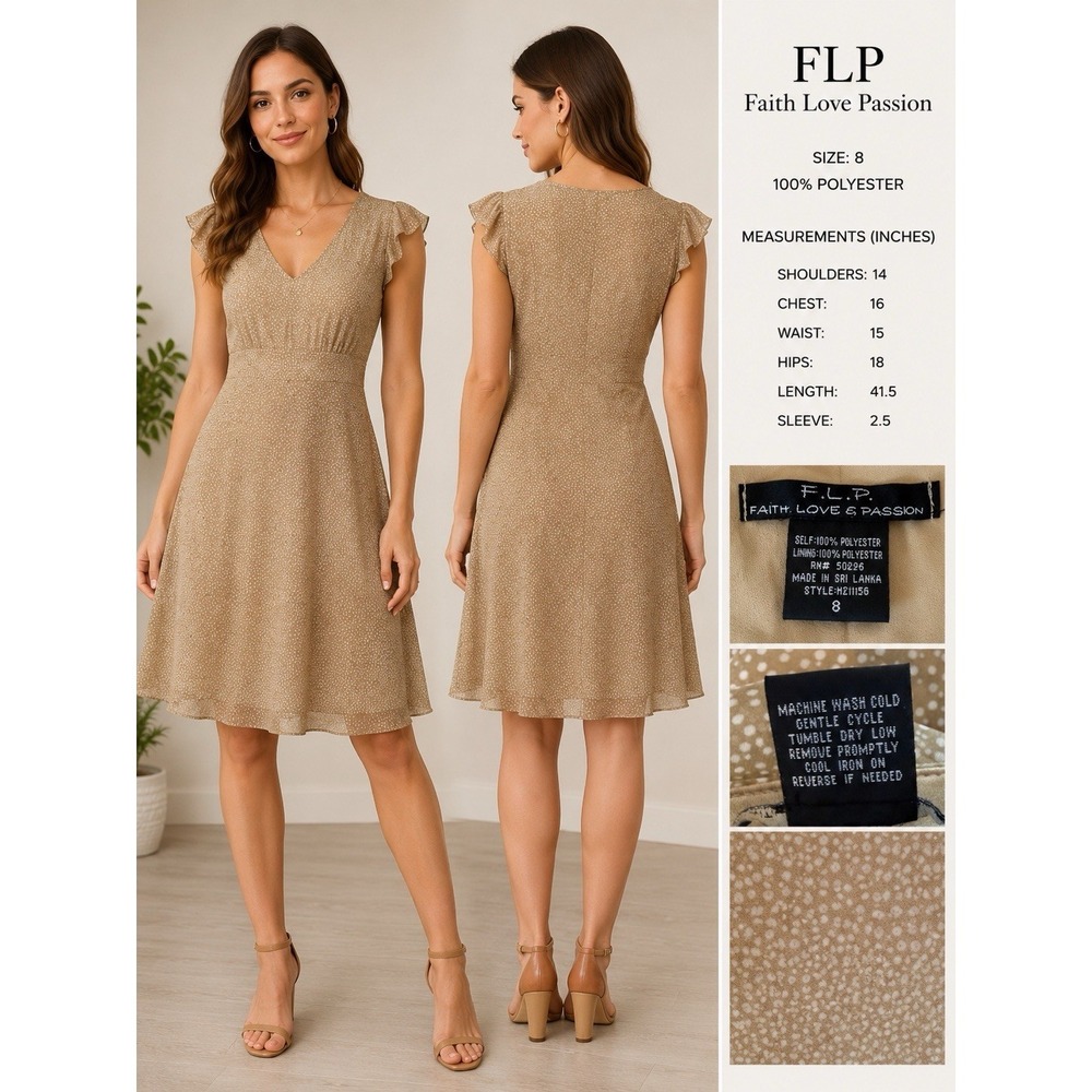 FLP 90s Y2K Vtg Beige Micro Polka Dot Empire Waist Midi Dress Size 8 Milkmaid